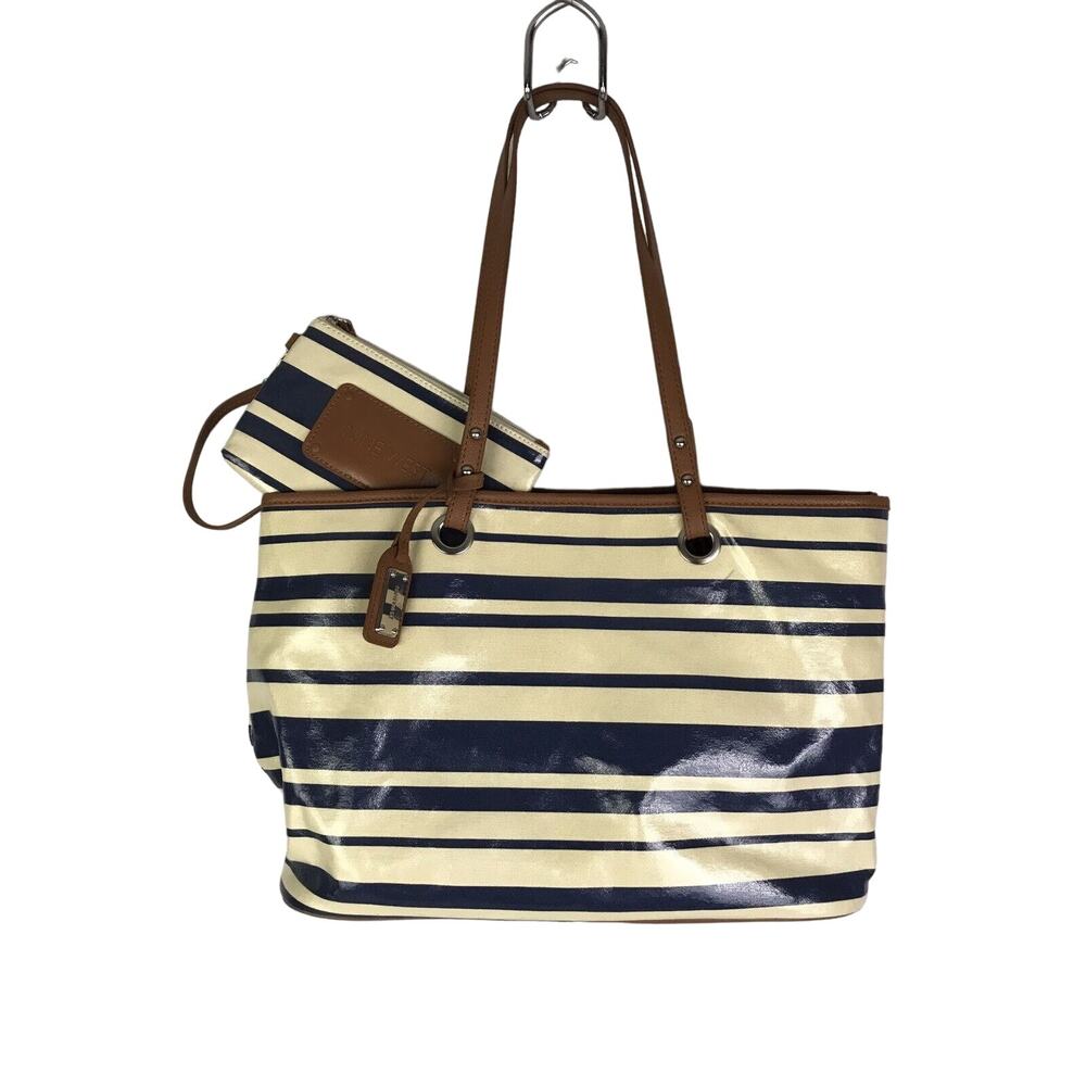 Nine West Large Tote Purse with Money Pouch Blue and Beige with Tan Trim